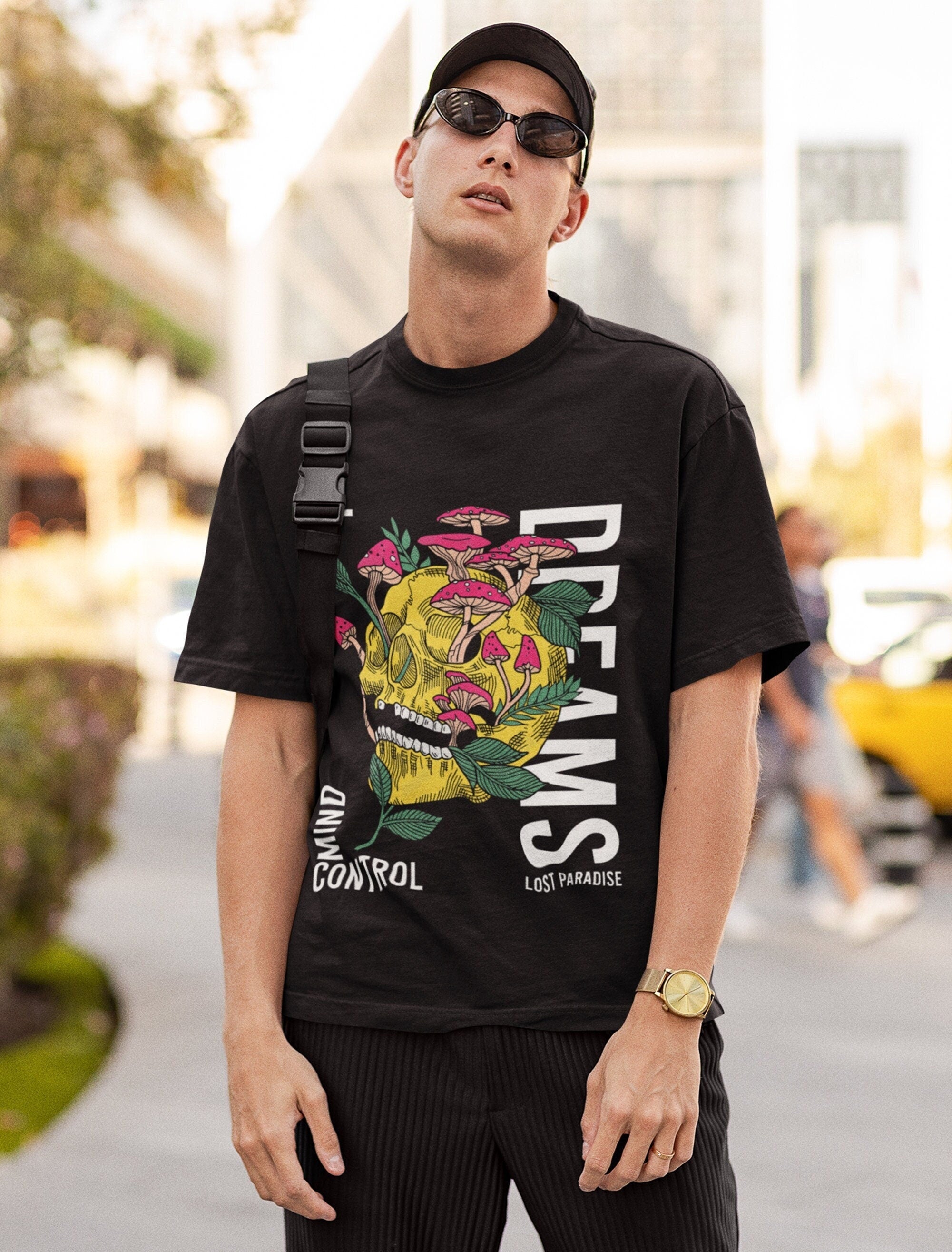 MIND CONTROL Techwear Streetwear Fashion T-shirts For Men Summer Black Short Sleeve Tees